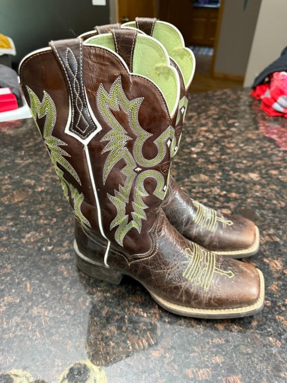 Ariat Brown & Green Boots Tombstone #10005867- square toe
